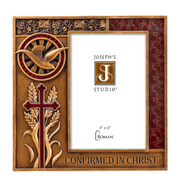 A bronze and red Confirmation picture frame over a white background