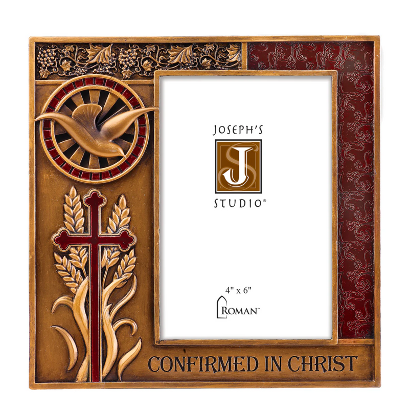 A bronze and red Confirmation picture frame over a white background
