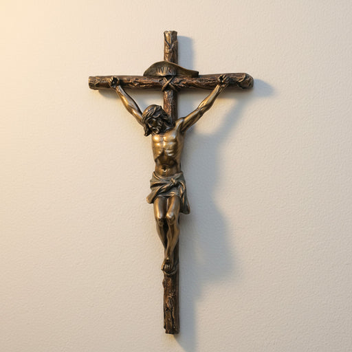 Bronze crucifix on a plain wall