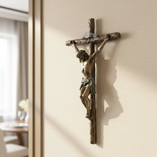 Bronze crucifix on a beige wall with a soft shadow