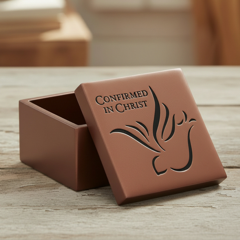 Brown box with 'Confirmed in Christ' engraving on a wooden surface