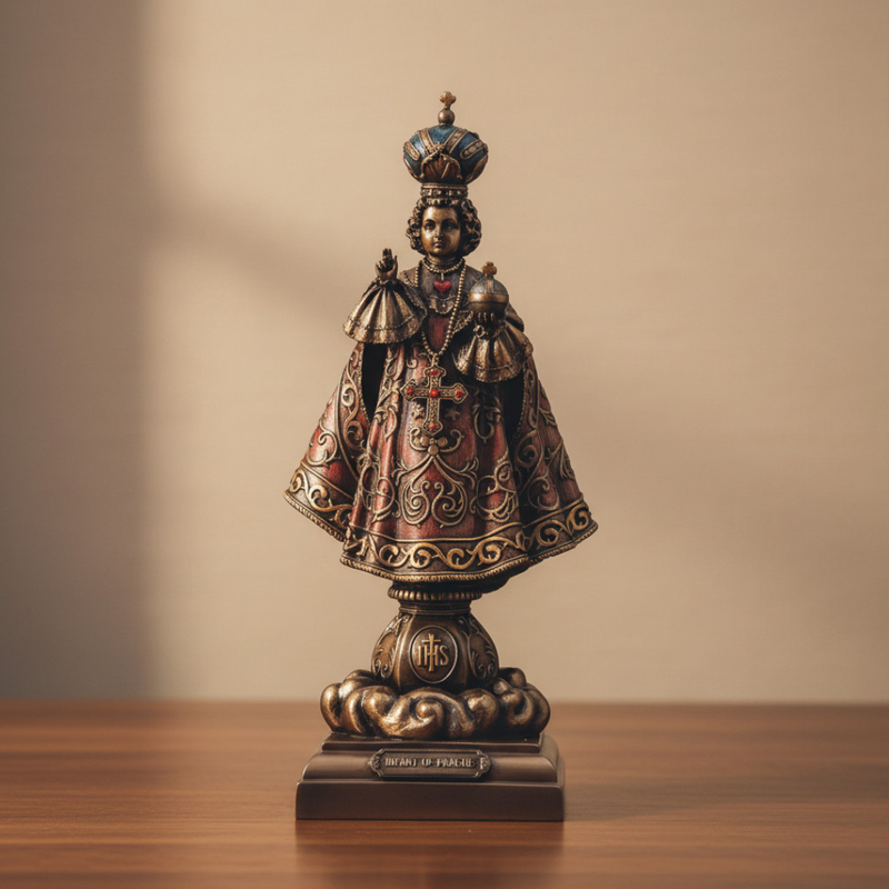 Decorative Infant of Prague figurine with intricate details on a wooden surface and beige background