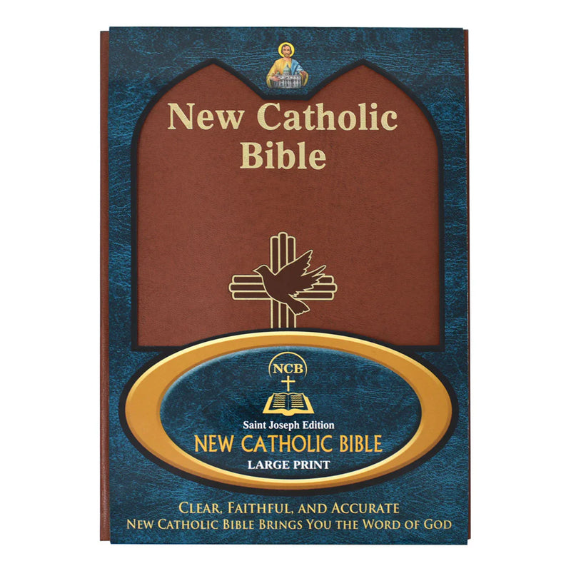 New Catholic Bible cover with brown and blue design