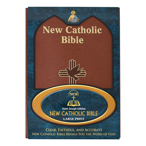 New Catholic Bible cover with brown and blue design