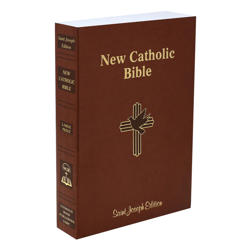 Brown cover of 'New Catholic Bible' with gold text and cross design on a white background
