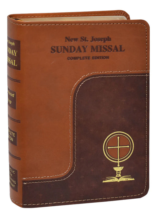 Brown and brown leather-bound book titled 'New St. Joseph Sunday Missal Complete Edition'.
