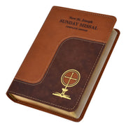 Brown leather-bound book titled 'New St. Joseph Sunday Missal Complete Edition' on a white background
