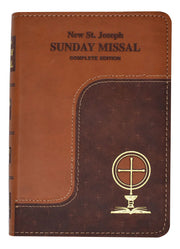 Brown leather-bound book titled 'New St. Joseph Sunday Missal Complete Edition' with a cross emblem on a white background.