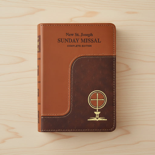 Brown leather-bound book titled 'New St. Joseph Sunday Missal Complete Edition' on a wooden surface