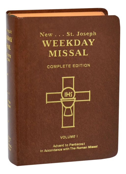 Brown book titled 'New St. Joseph Weekday Missal Complete Edition' with a gold cross on the cover.
