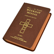 Brown book titled 'New St. Joseph Weekday Missal Complete Edition' with a cross on the cover.