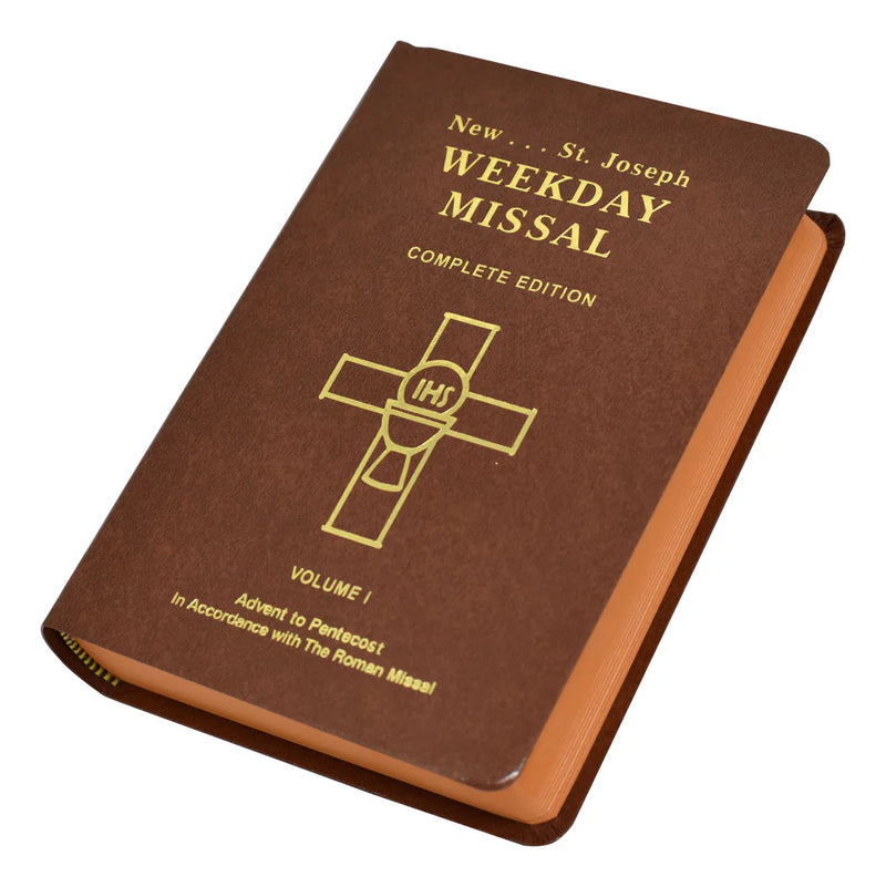 Brown book titled 'New St. Joseph Weekday Missal Complete Edition' with a cross on the cover.