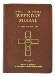 Brown book titled 'New St. Joseph Weekday Missal Complete Edition' with a gold cross on the cover.