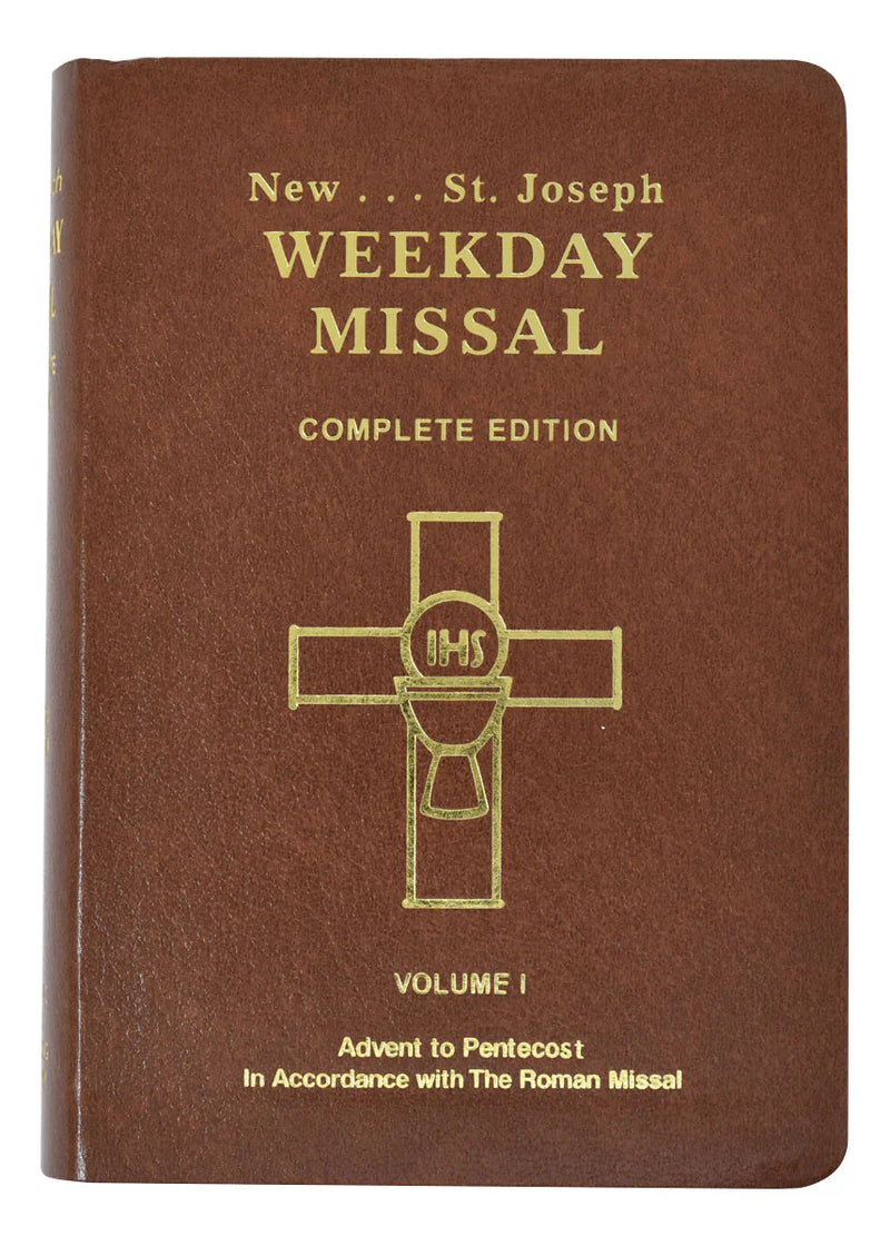 Brown book titled 'New St. Joseph Weekday Missal Complete Edition' with a gold cross on the cover.