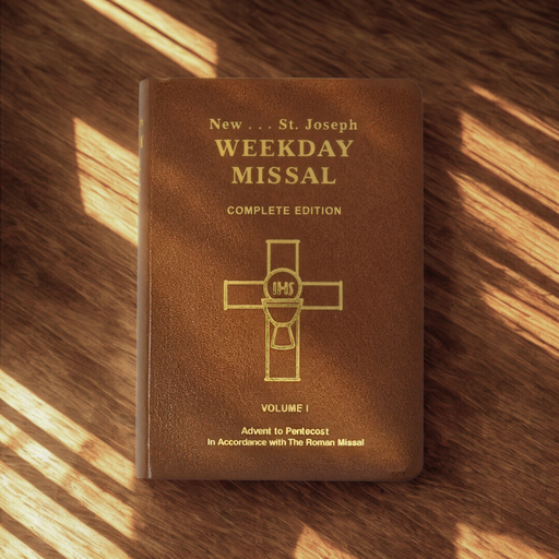 Brown book titled 'New St. Joseph Weekday Missal Complete Edition' on a wooden surface with sunlight casting shadows.