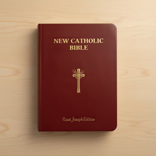 Red New Catholic Bible with gold text and cross on a wooden surface