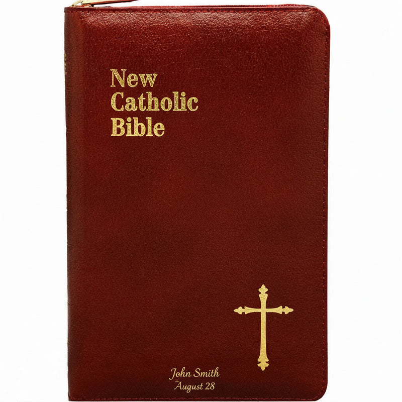 Red Bible with gold text and cross on a white background