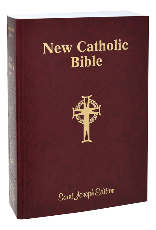 Large, burgundy paperback Bible on a white background