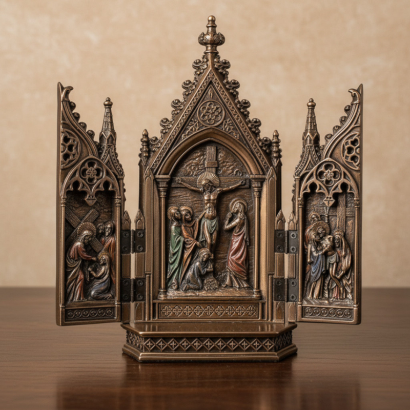 Decorative bronze triptych of the crucifixion of Jesus on a beige background