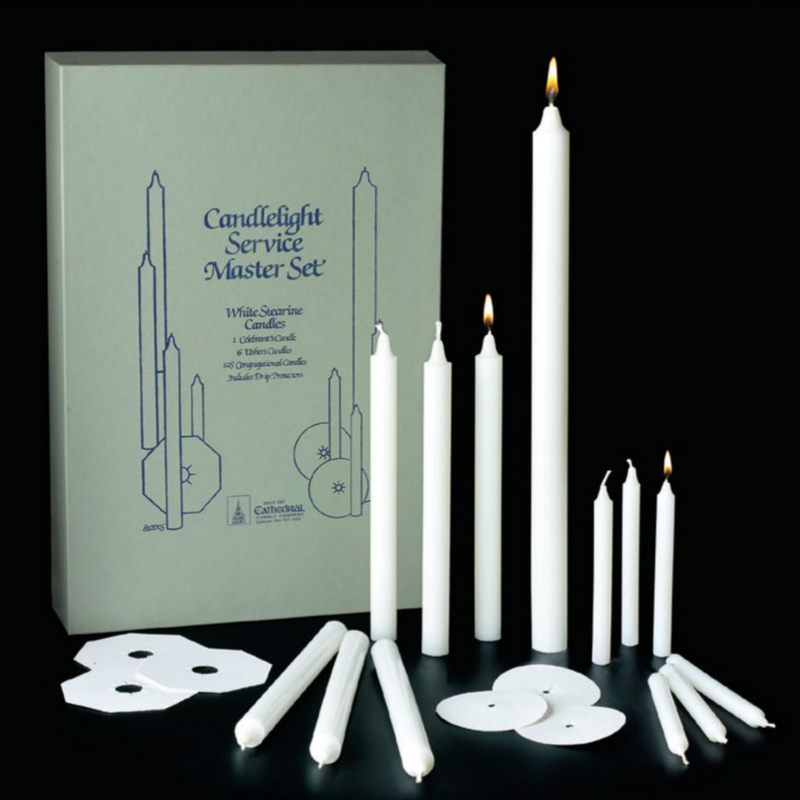 Candlelight Service Master Set with candles and packaging on a black background