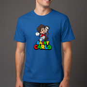Person wearing a blue t-shirt with a cartoon depiction of Saint Carlo Acutis on a gray background