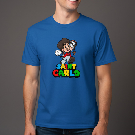 Person wearing a blue t-shirt with a cartoon depiction of Saint Carlo Acutis on a gray background