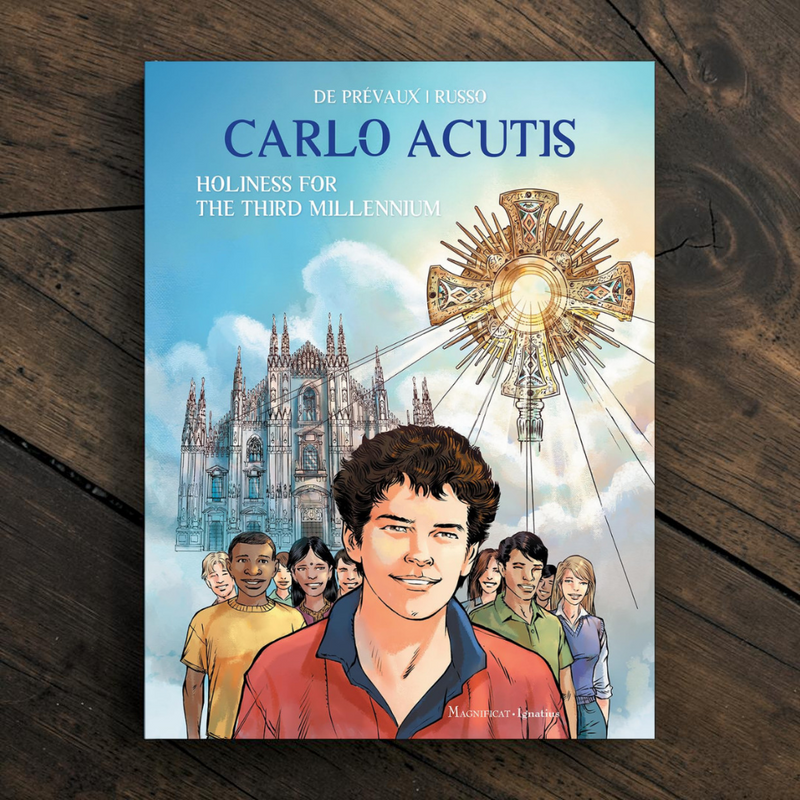 Book cover of 'Carlo Acutis: Holiness for the Third Millennium' on a wooden surface