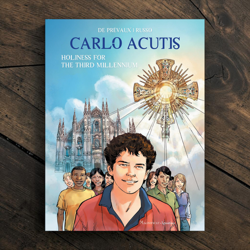 Book cover of 'Carlo Acutis: Holiness for the Third Millennium' on a wooden surface