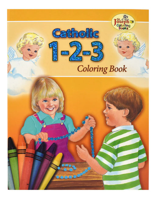 Orange coloring book with text 'Catholic Coloring 1-2-3' and pictures of angels and children
