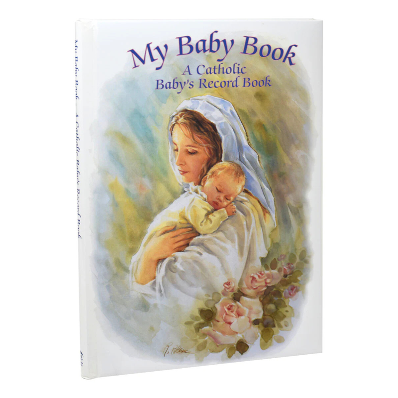 Book titled 'My Baby Book: A Catholic Baby's Record Book' with an illustration of a woman holding a baby and flowers on the cover.