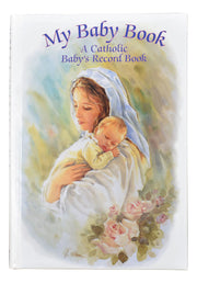 Book titled 'My Baby Book: A Catholic Baby's Record Book' with an illustration of a woman holding a baby.