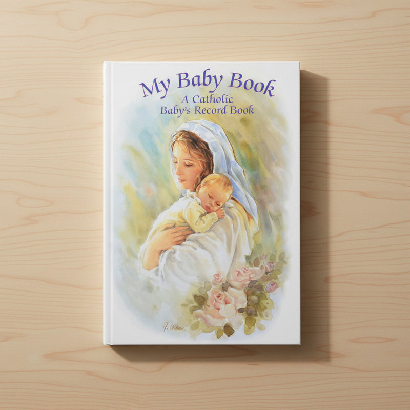 Book titled 'My Baby Book: A Catholic Baby's Record Book' with an illustration of a woman holding a baby and flowers on the cover.