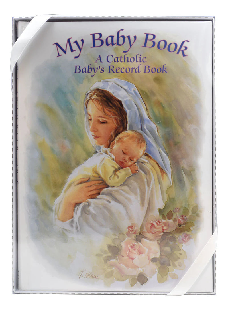 Cover of 'My Baby Book' with illustration of a woman holding a baby, surrounded by flowers.
