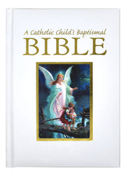 Catholic Child's Baptismal Bible with angel and child illustration on white background