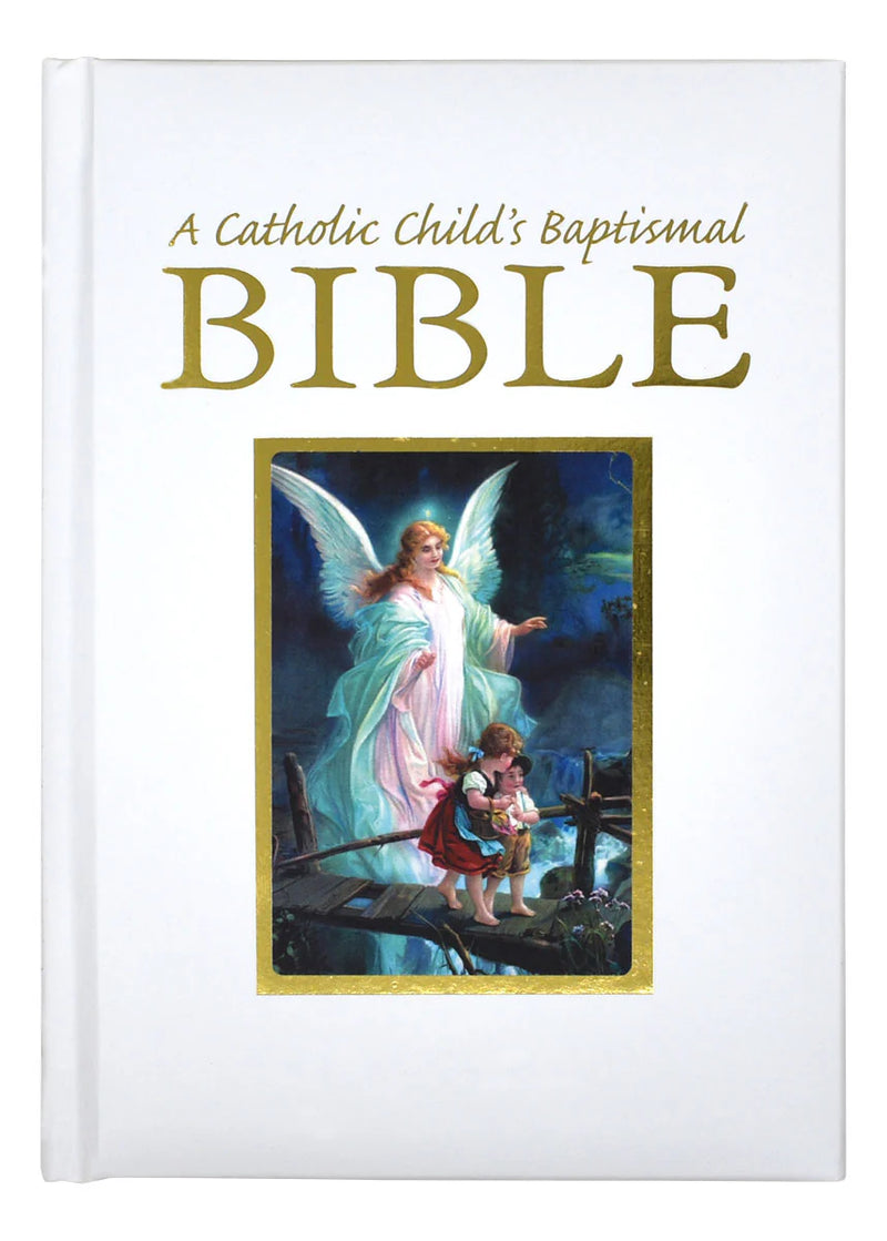Catholic Child's Baptismal Bible with angel and child illustration on white background