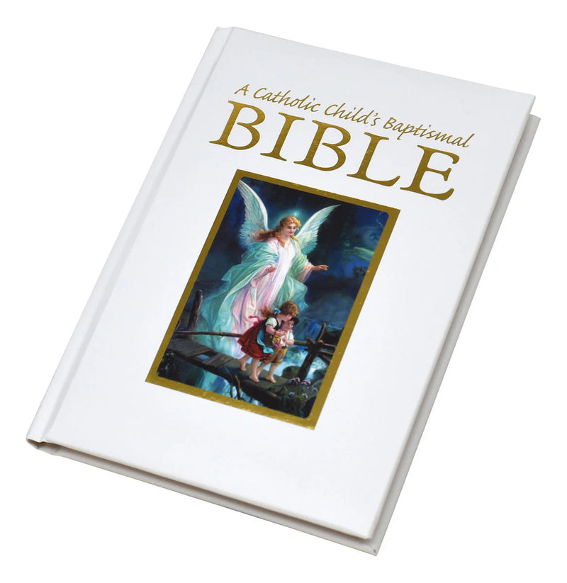 Catholic Child's Baptismal Bible with an angel and child illustration on a white background