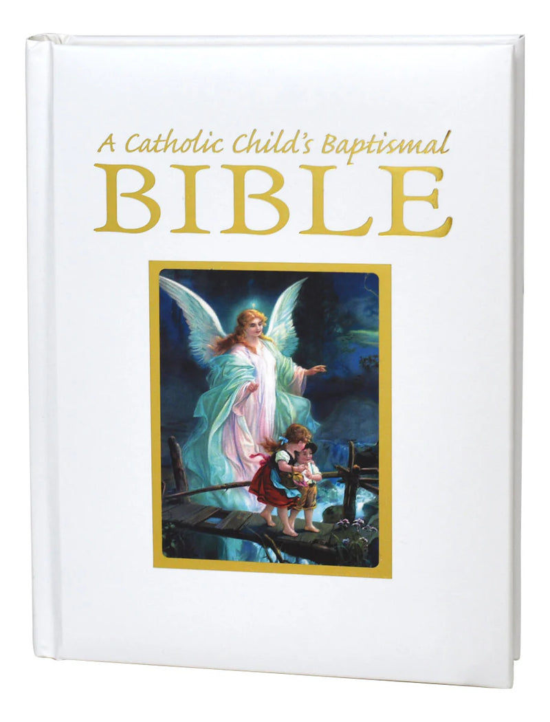 Catholic Child's Baptismal Bible with an angel and child illustration on a white background