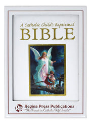 Catholic child's baptismal Bible with cover illustration of an angel and child, published by Regina Press Publications.