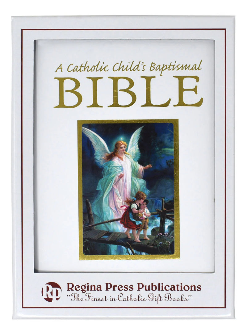 Catholic child's baptismal Bible with cover illustration of an angel and child, published by Regina Press Publications.
