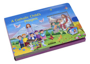 Children's book titled 'A Catholic Child's Prayers' with colorful illustrations on a white background