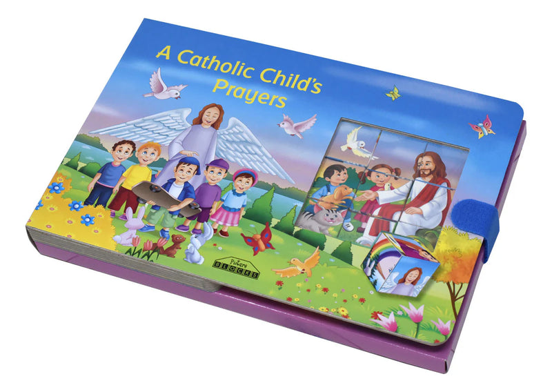 Children's book titled 'A Catholic Child's Prayers' with colorful illustrations on a white background
