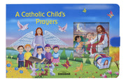 Children's book titled 'A Catholic Child's Prayers' with colorful illustrations on a blue background.