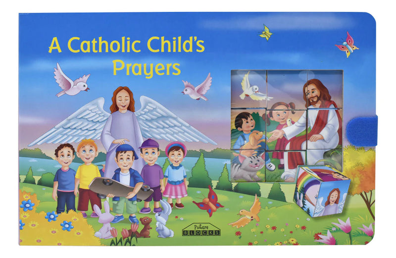 Children's book titled 'A Catholic Child's Prayers' with colorful illustrations on a blue background.