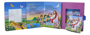 Children's book with colorful illustrations and a photo frame on a purple background