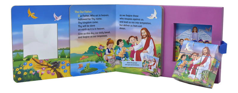 Children's book with colorful illustrations and a photo frame on a purple background