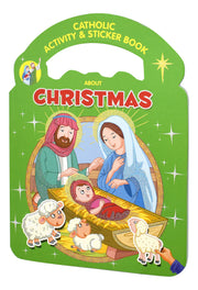 Catholic Activity & Sticker Book about Christmas with Nativity scene illustration on green cover