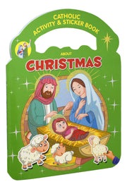 Catholic Activity & Sticker Book about Christmas with nativity scene illustration on green cover