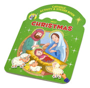 Catholic Activity & Sticker Book about Christmas with nativity scene illustration on green cover