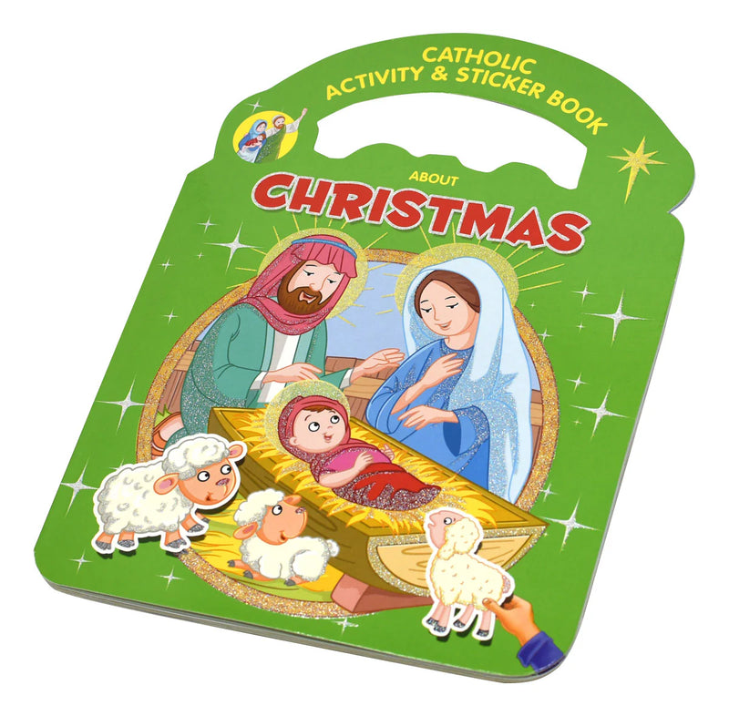 Catholic Activity & Sticker Book about Christmas with nativity scene illustration on green cover