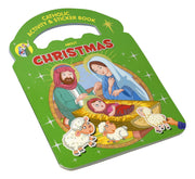 Catholic Activity & Sticker Book about Christmas with nativity scene illustration on green cover